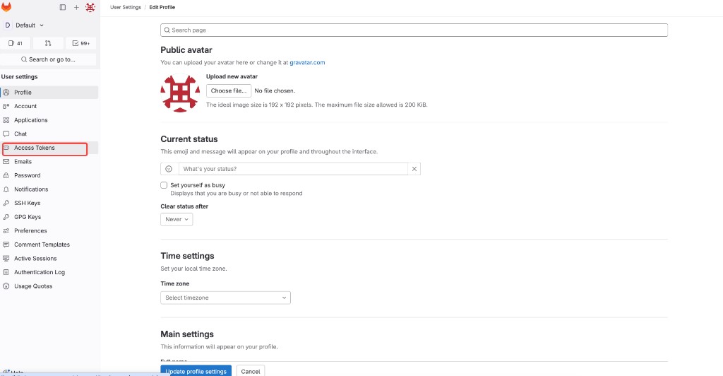 GitLab：用户设置侧边栏选择 Access Tokens