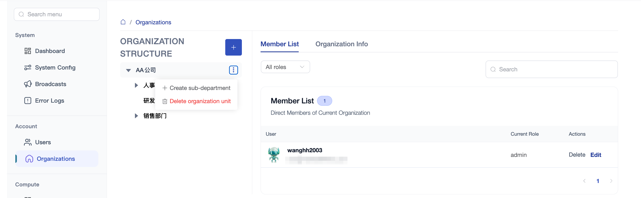 Organization Structure and Sub-department Creation