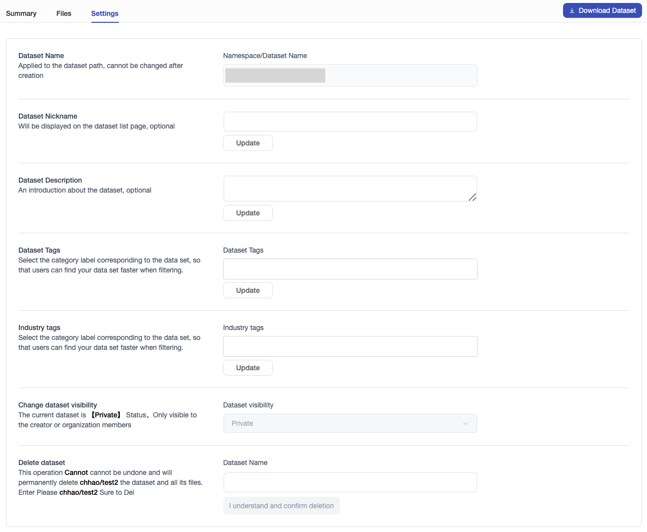 Dataset repo settings