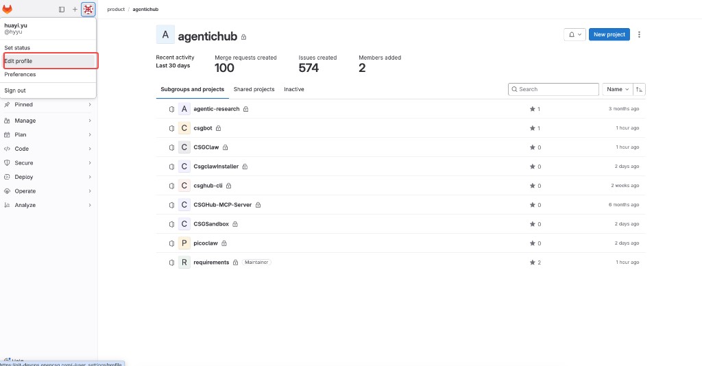 GitLab: open Edit profile from the user menu